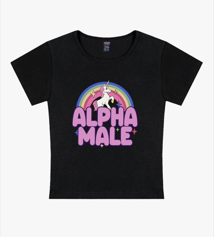 Alpha Male Unicorn T-Shirt , Funny Ironic Humor Meme , Rainbow Size M Short.