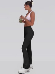 Women Pants Soft Active High Waist Crossover Flared Trousers with Pockets Black