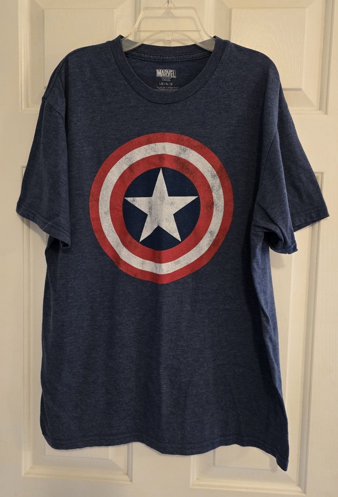 Marvel T-Shirt Captain America Distressed Shield Graphic Logo Blue Size Large