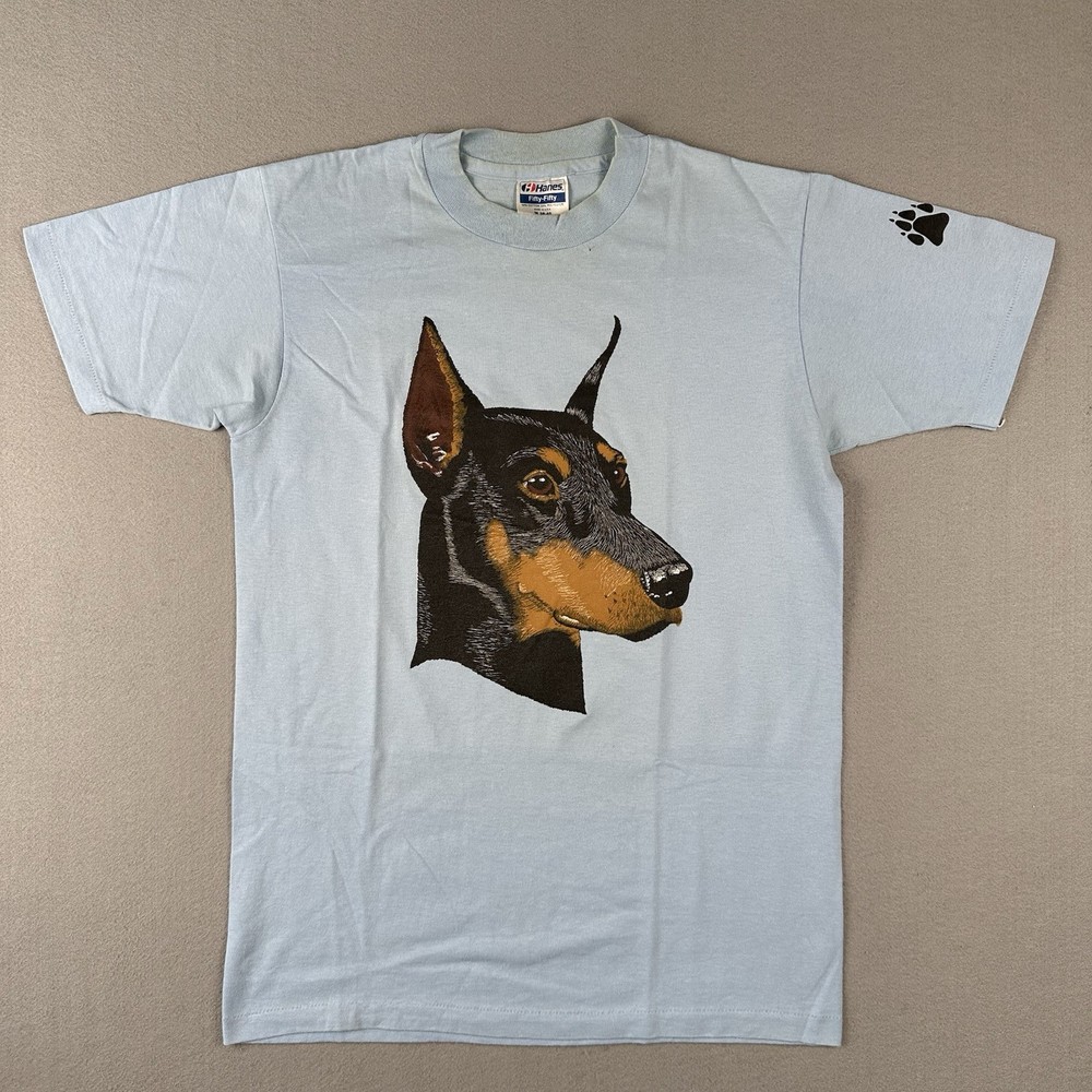 Vintage 80s Doberman Dog Shirt Mens Medium Blue Single Stitch Short Sleeve
