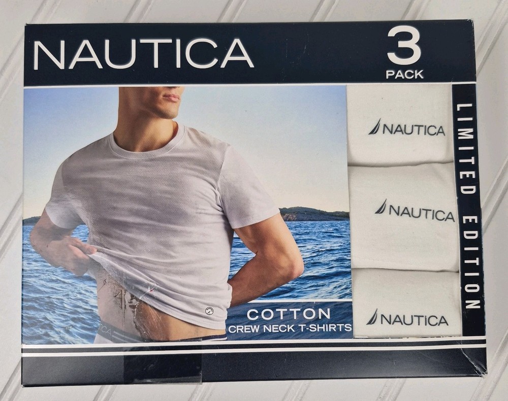 Nautica Mens 3 Pack White Cotton Crew Neck T-Shirts Size Small 34-36 New In Box