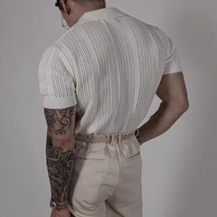 Men Hollow Lapel T Shirt Knitted Texture Fabric Korean Style for Daily Outings