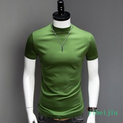 Fashion Summer Men’s Half High Collar Silk Cotton Short Sleeved T-shirt Slim Fit