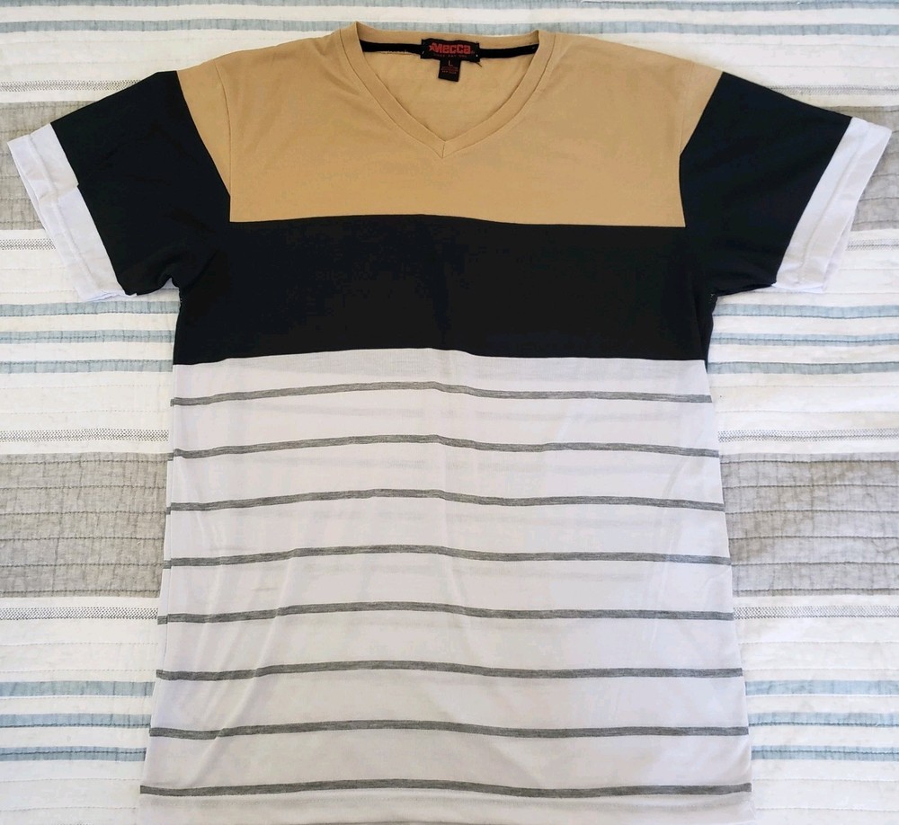 Mecca Mens V Neck T Shirt Striped Colorblock Vintage 90s Y2K Skate Streetwear L