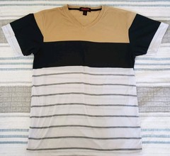Mecca Mens V Neck T Shirt Striped Colorblock Vintage 90s Y2K Skate Streetwear L