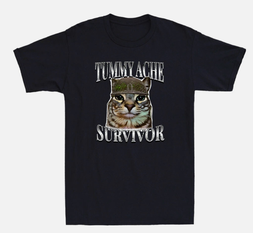 Tummy Ache Survivor Funny Cat Meme Humor Saying Cats Animals Retro Men’s T-Shirt