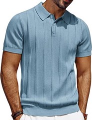 Mens Short Sleeve Polo Shirt Textured Knit Ribbed Casual Golf Style Soft Comfort