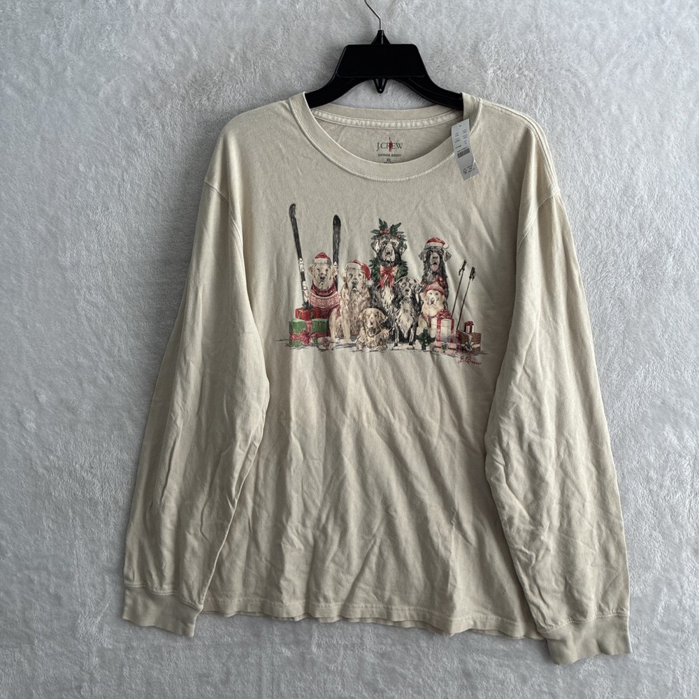 NEW J Crew Mens T Shirt Brown Dog Graphic Christmas XL Cotton Long Sleeve Crew