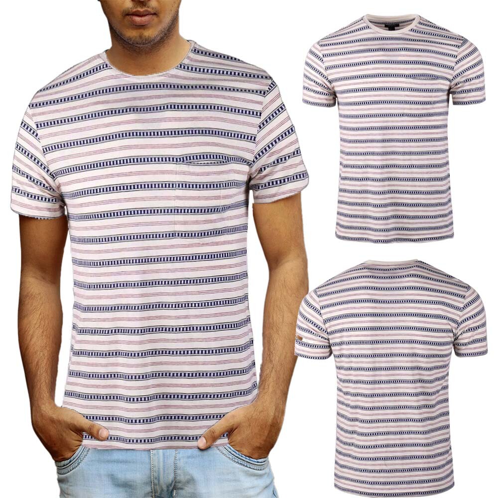 Beautiful Giant Men’s Fashion Striped Pocket T-shirt Crewneck Regular CREAM/BLUE