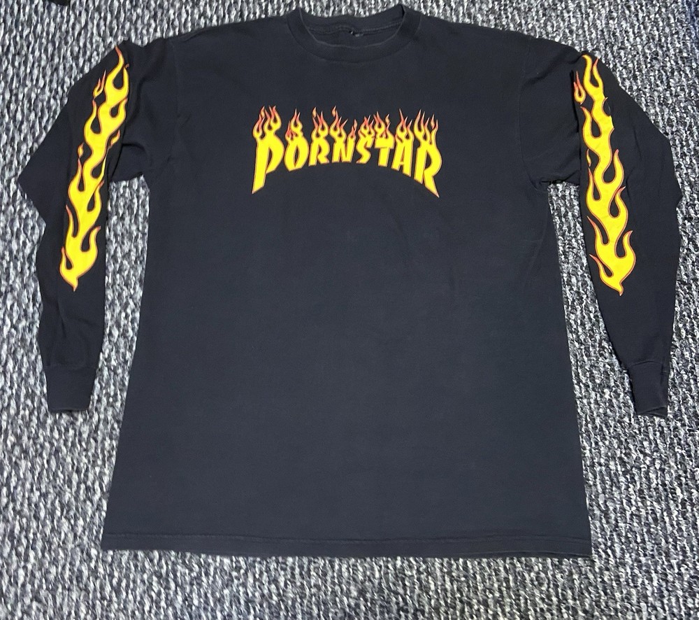 Rare Vintage PornStar Long Sleeve Shirt Flames Skater No Tag Stains See Pics
