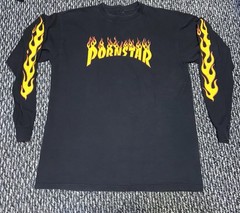 Rare Vintage PornStar Long Sleeve Shirt Flames Skater No Tag Stains See Pics