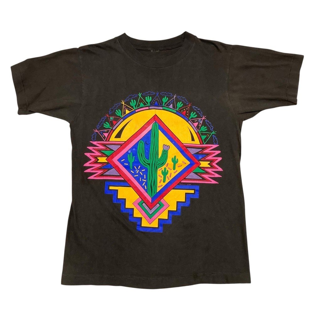 VTG 80s Cactus Southwest Native Art Deco Black T-Shirt L Single Stitch USA Made