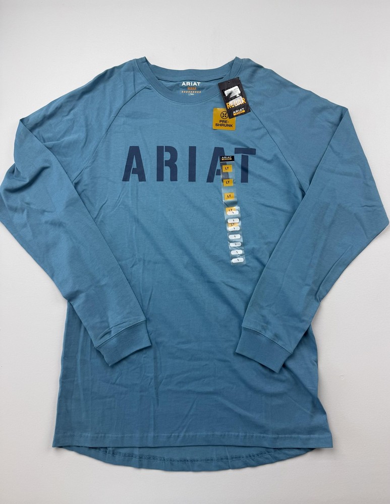 Ariat Shirt Mens LT Blue Rebar Long Sleeve Logo Graphic Tee Workwear Preshrunk