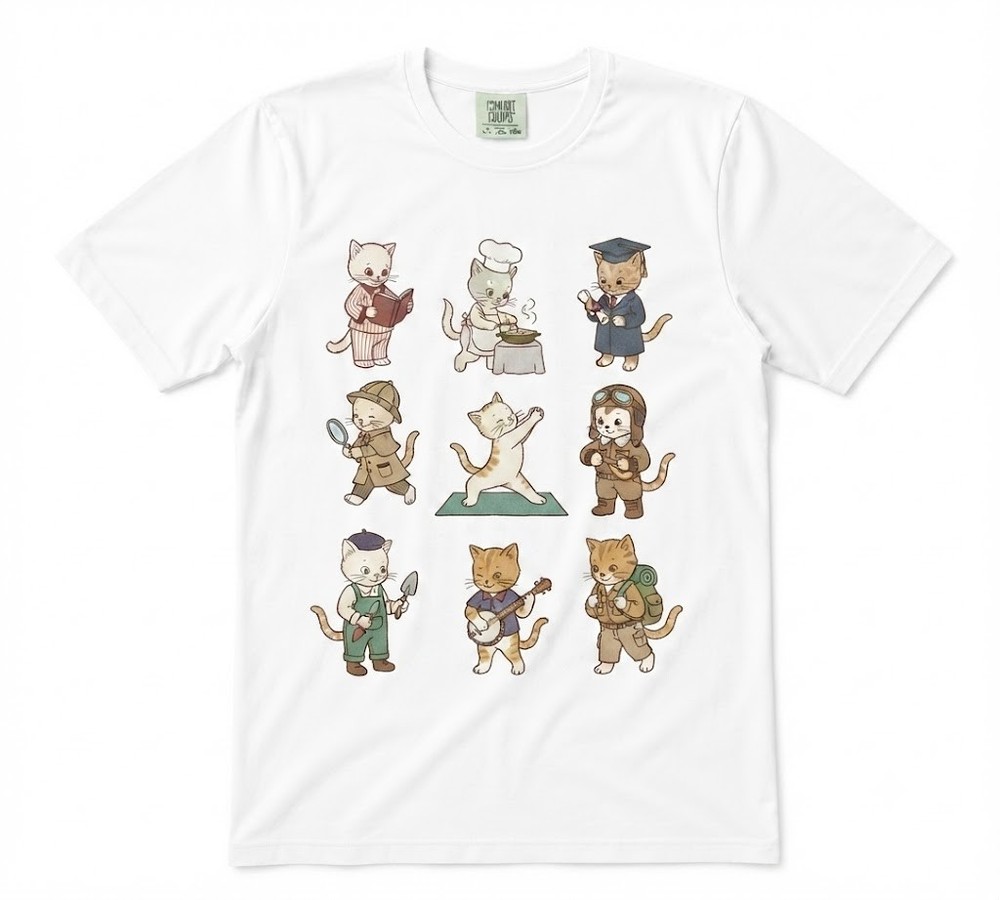 Cats At Work Vintage 90s White T-shirt