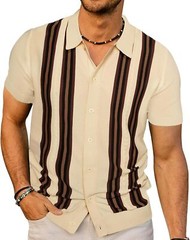 Mens Vintage Striped Knitted Polo Shirt Short Sleeve Button Down Golf Casual Top