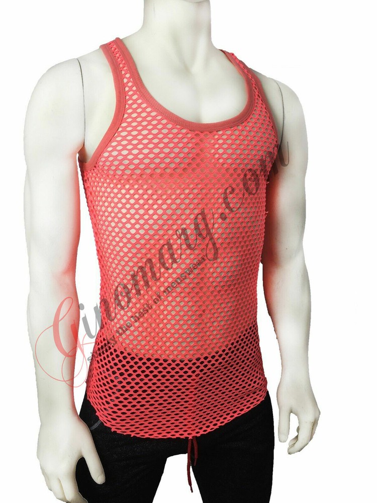 MEN SEXY MUSCLE TANK TOP MESH NET T-SHIRT (CORAL) MADE IN USA