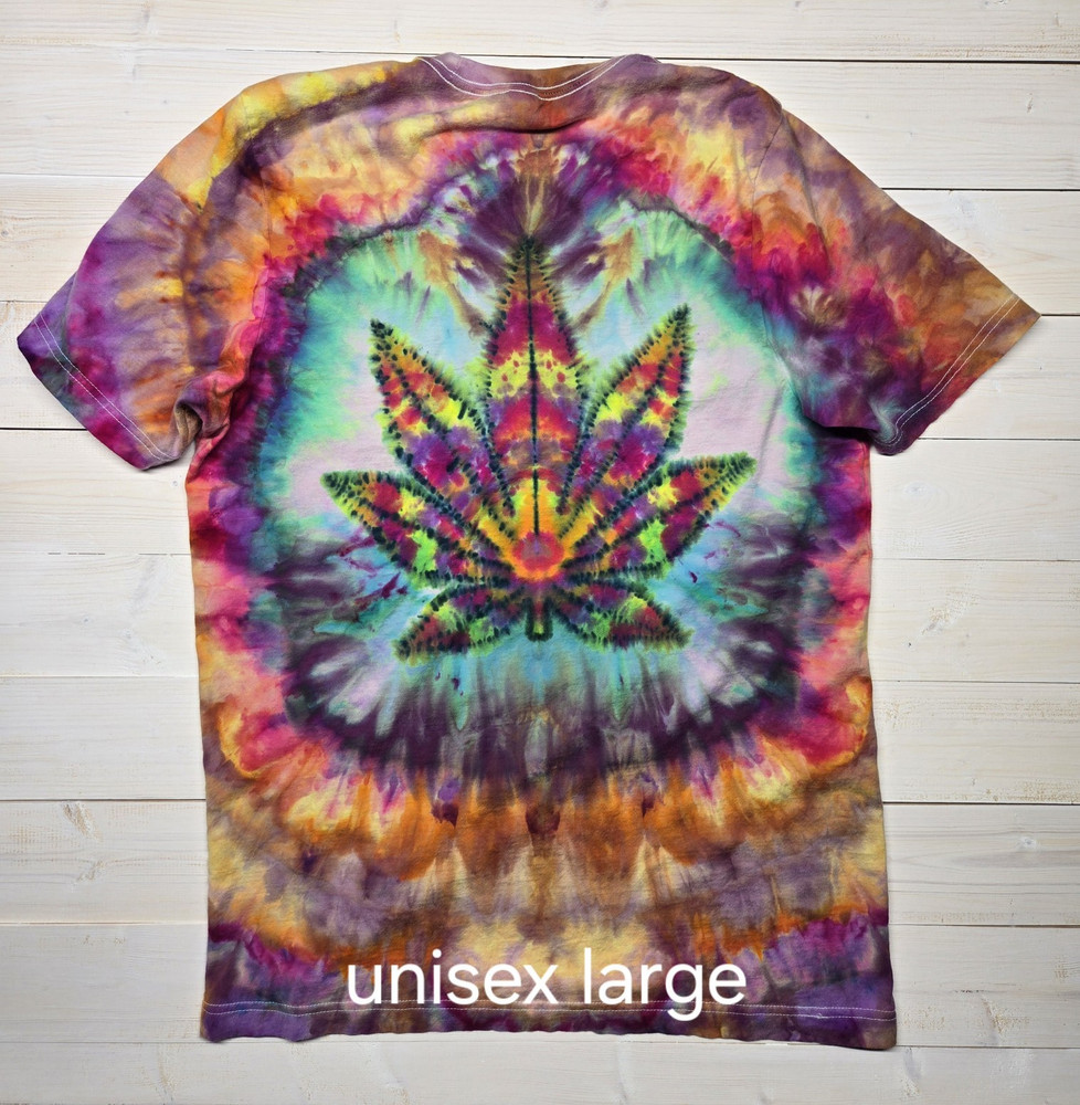L Tie-Dye Marijuana Leaf Graphic T-Shirt Cotton Knit Crew Neck Multicolor