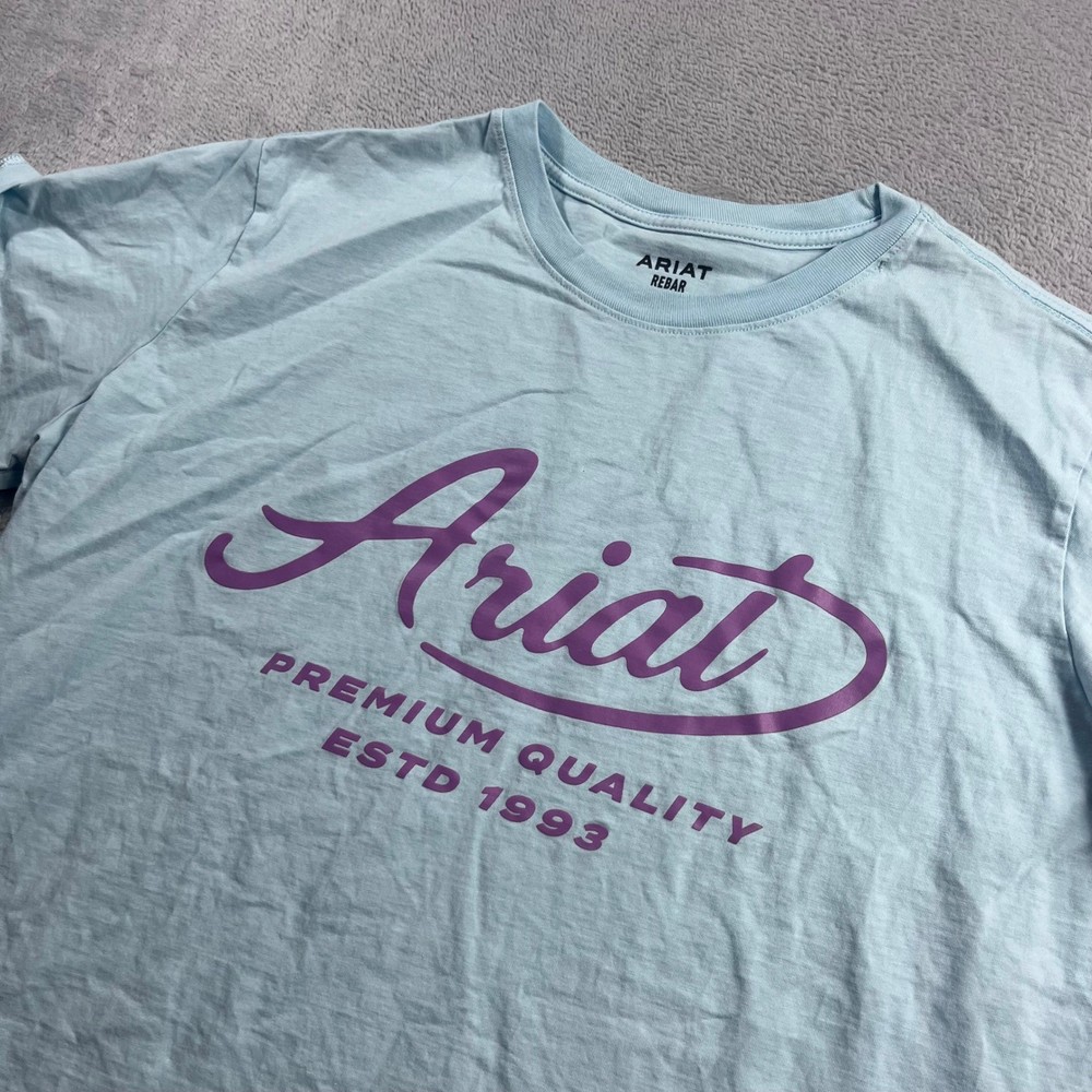 Ariat Rebar Mens XXL Light Blue Purple Graphic Logo Premium Quality T-Shirt