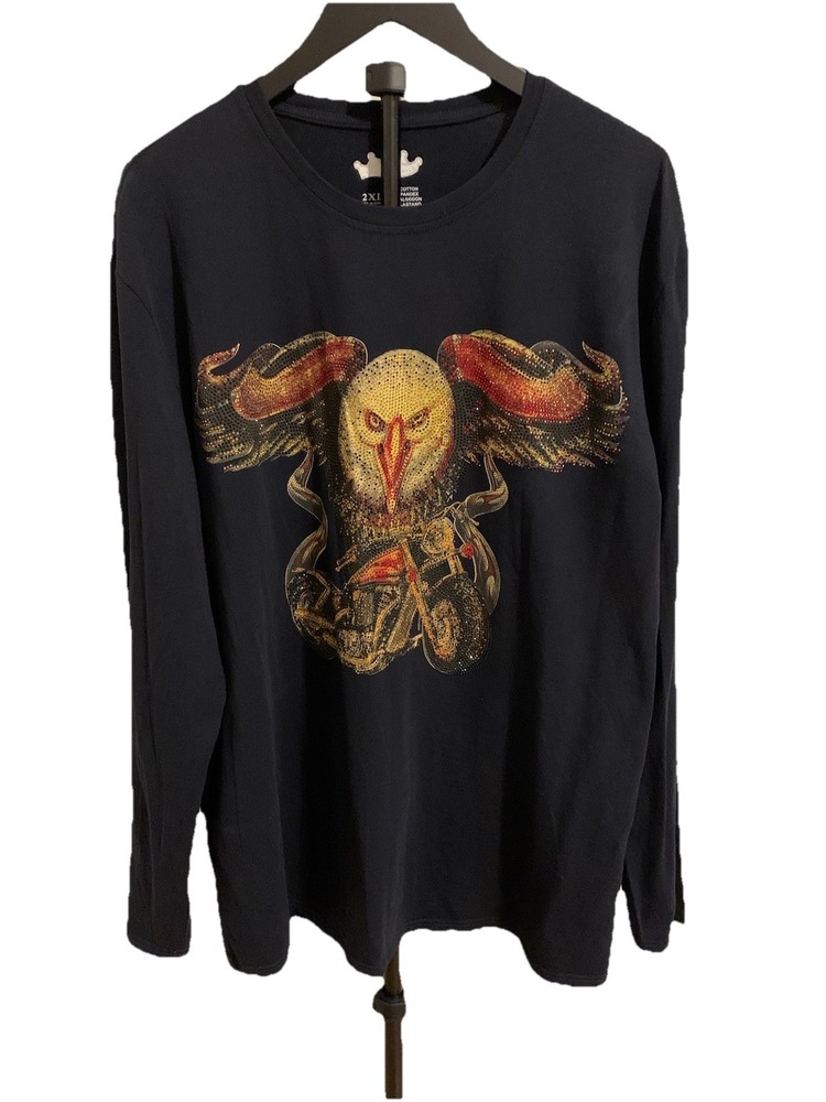 Heads Or Tails Mens Size 2XL Shirt Eagle Motorcycle Rhinestone Studded Biker