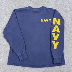 Soffe Vintage Navy Logo Long Sleeve T-Shirt Fits Men’s Size Large Blue Yellow