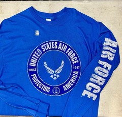 US Air Force Long Sleeve Blue T-Shirt Protecting America USAF Vet Sleeve Print