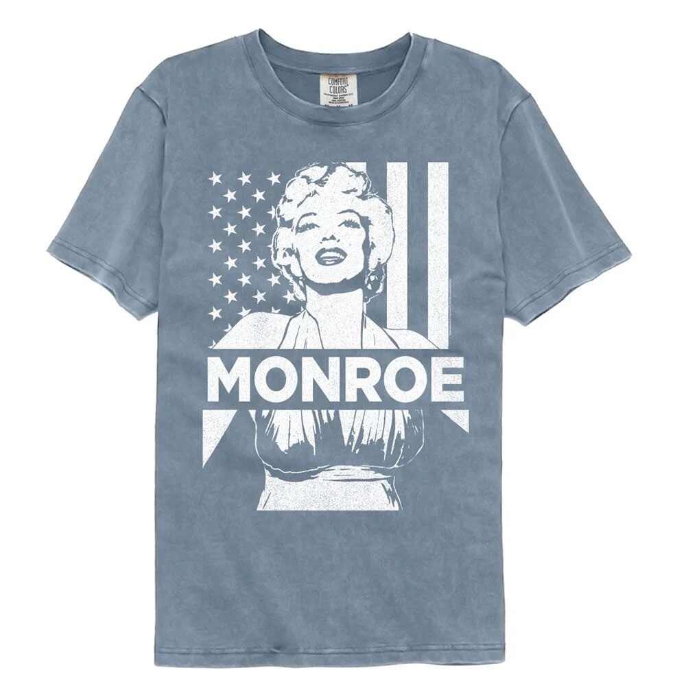 Marilyn Monroe Icon T-Shirt American Flag Background Blue Jean SM – 2XL