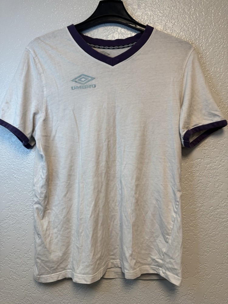 Umbro Men’s White Purple Graphic Logo Ringer V-Neck Short Sleeve Tee XL
