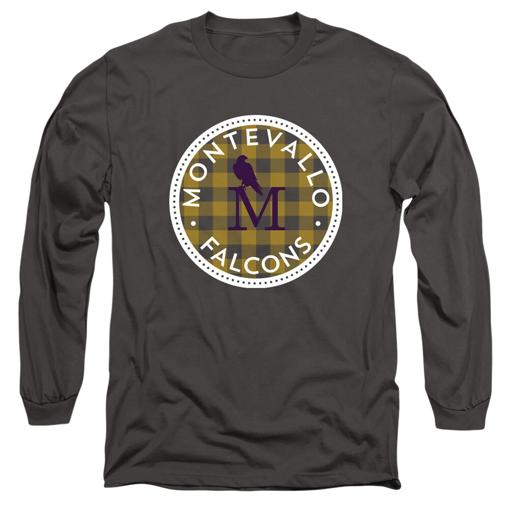 Uni of Montevallo Adult Long Sleeve T-Shirt Plaid Badge, Charcoal, S-3XL