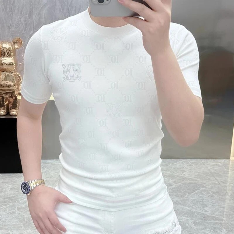New Men Luxury Diamond Tiger Rhinestones Fashion T-Shirt High Quality 3 Colors