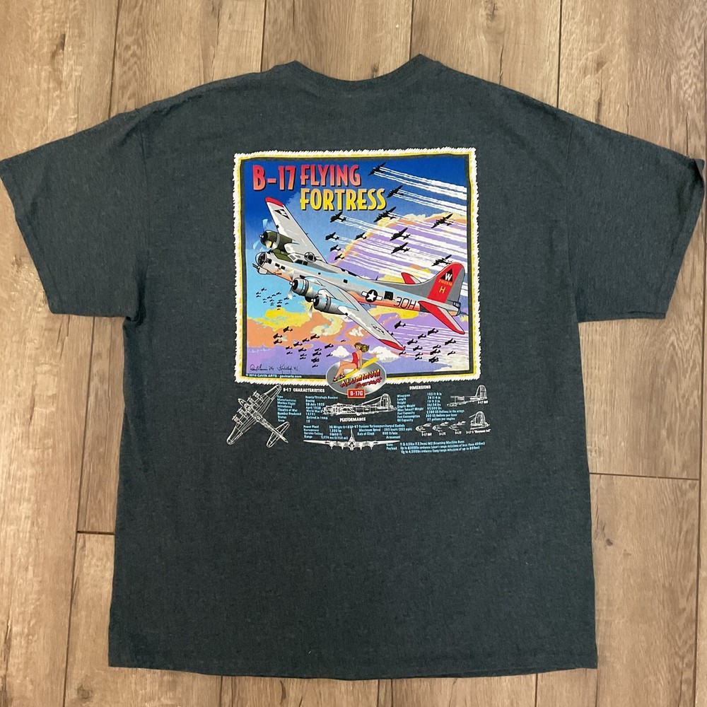 B-17 FLYING FORTRESS Black T-Shirt Front & Back Graphic Print Size XL