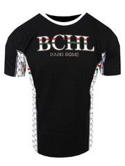 Mens T-Shirt Italian Sport Print Sides Gold Trim Bucheli Logo Slim Fit Crew Neck