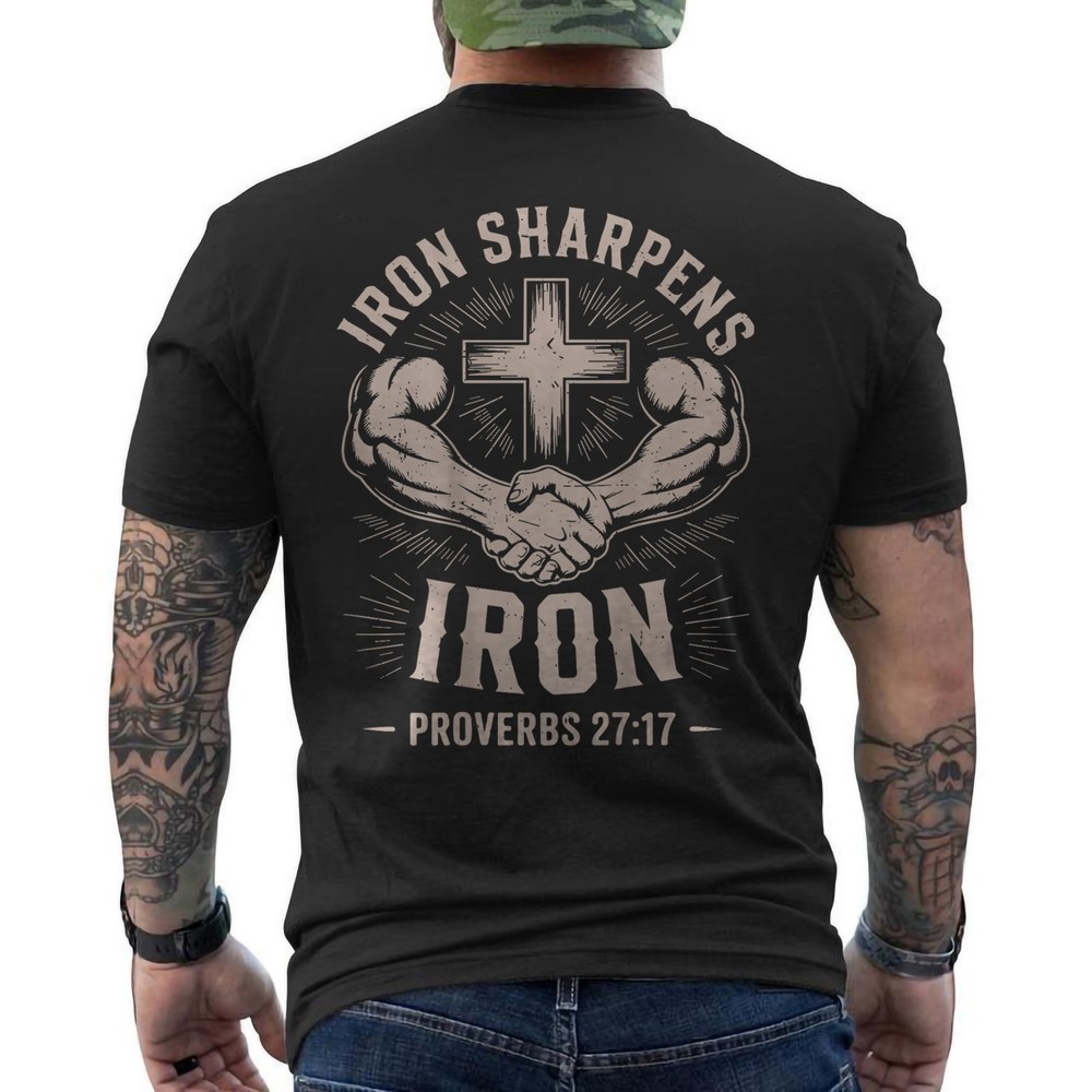 Christian Gym Iron Sharpens Iron Christian Workout Cross ON BACK T-Shirt
