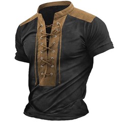 Men’s New Summer Color Contrast Small Stand Lace Up Short Sleeved Top Men’s T