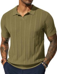 Mens V-Neck Knit Polo Shirt Textured Lightweight Breathable Summer Casual Top