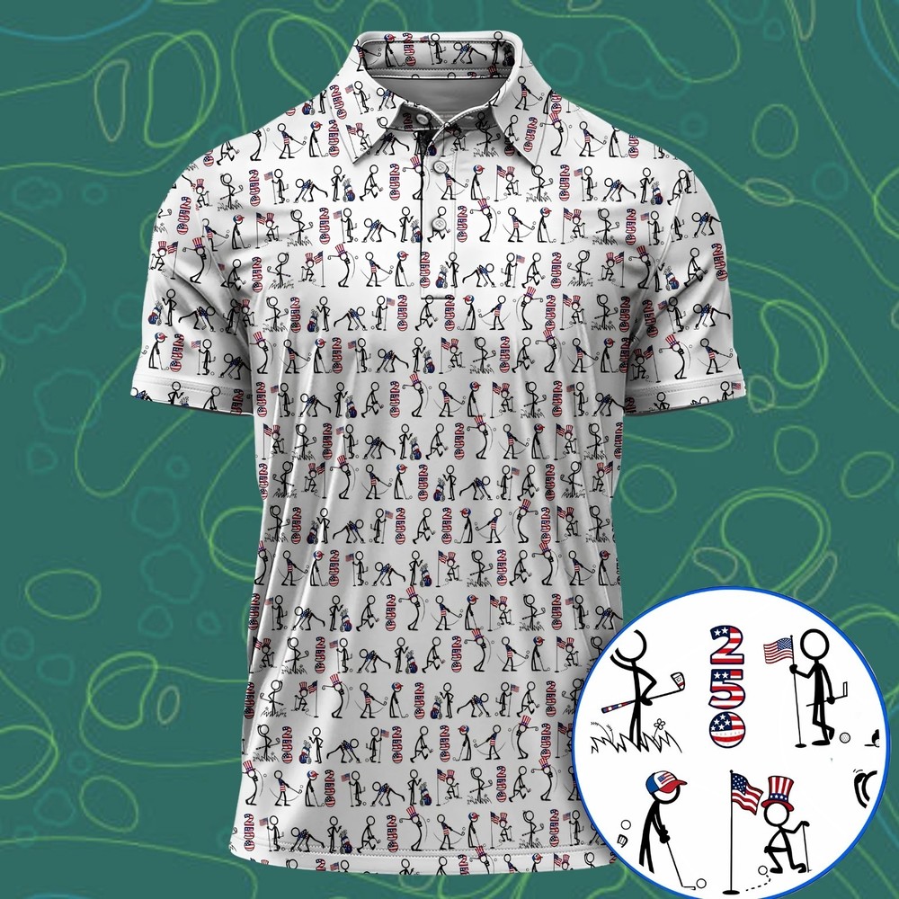 USA Stick Figure Patriotic Golf Shirt USA 250th Anniversary 1776-2026 (S-5XL)