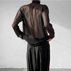 Mens Mesh Sheer Turtleneck Casual Long Sleeve Shirt For Streetwear Use