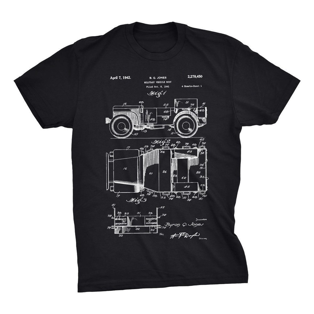 Jeep Patent T-Shirt. Jeep Shirt 100% Soft Cotton Tee on Black, White or Gray