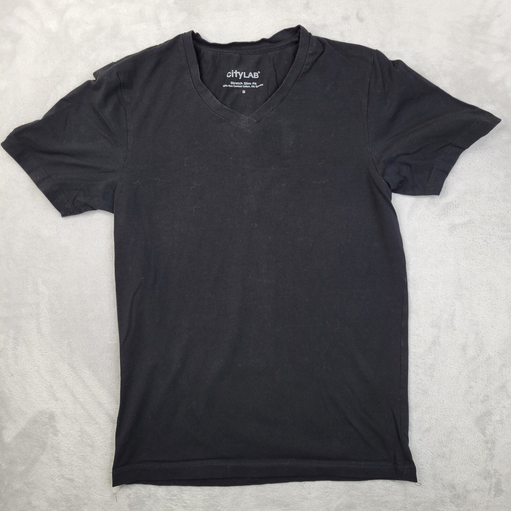 City Lab Shirt Men Small Short Sleeve V-Neck Basic Black Stretch Slim Fit Adult