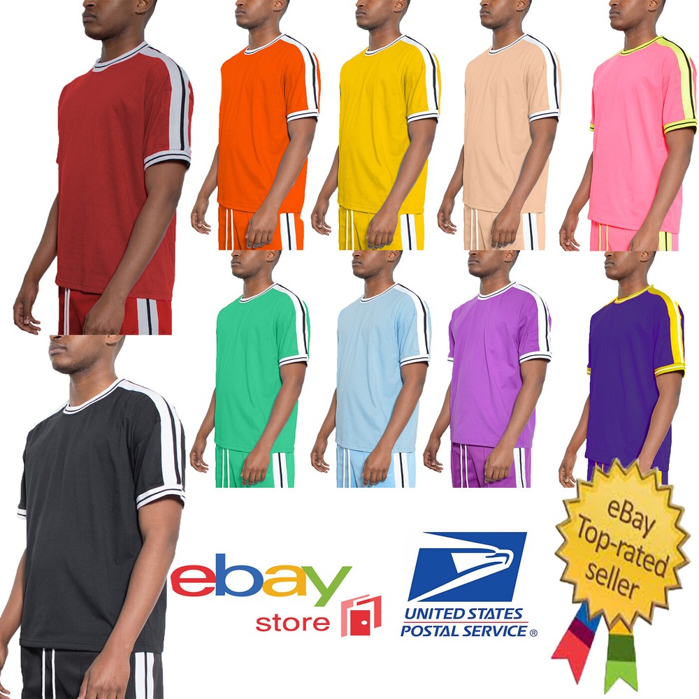 Mens Side Stripe Tape Short Sleeve Retro Design Tshirt Tee