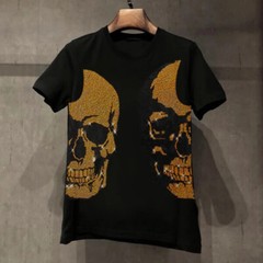 New Hot Drilling Fashion Skull Rhinestone Summer Luxury Men Cotton Black T-Shirt