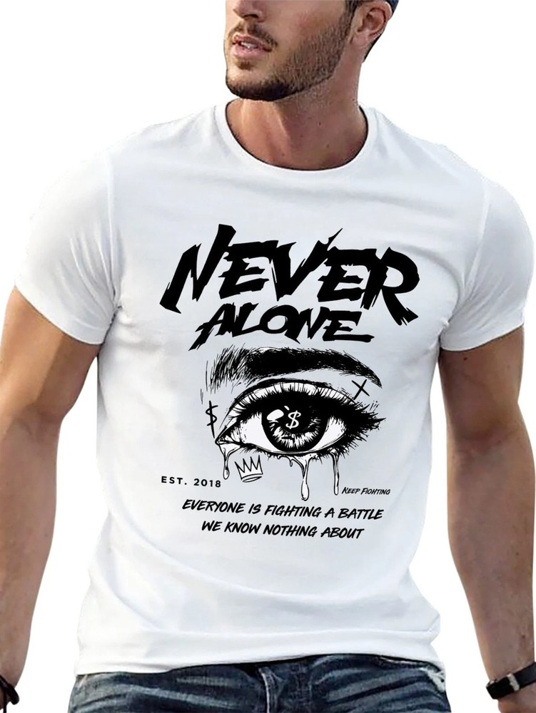 Never Alone Letter & Eye Graphic T-Shirt, Men’s Streetwear Motivational Tee