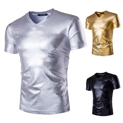 Men Shiny Metallic V Neck Short Sleeve T-shirt Shirt Slim Fit Tops Nightclub