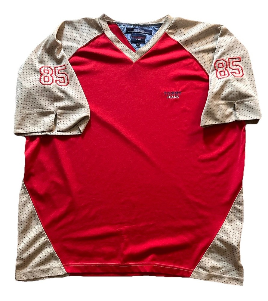Vintage Rare 90s Tommy Jeans Hilfiger #85 Football Jersey Shirt Size L Red