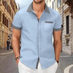 Camisa Con Botones Elegante De Manga Corta Para Hombres Sólida Cuello Levantado