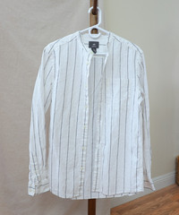 H&M white and black striped Linen Cotton button up shirt mandarin collar sz S