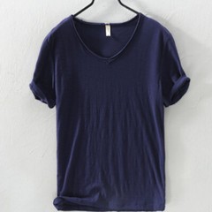 Men Pure Color Cotton Short Sleeve T-shirts V-neck Sports Casual Tops Summer