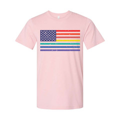 Unisex American Flag Tee With Rainbow Stripes Graphic Across Chest For Pride And