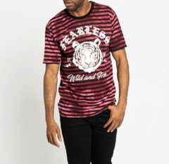 VICTORIOUS BRAND STRIPED T-SHIRT FEARLESS TIGER BURGUNDY/BLACK SIZES MED TO 2XL