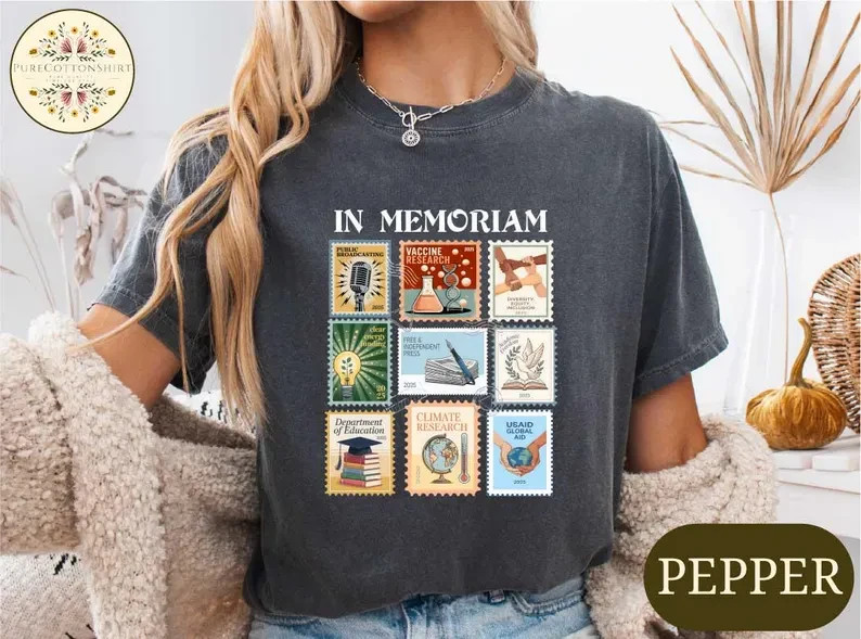 Vintage In Memoriam Stamp Collage T-Shirt Retro Political Statement Graphic Tee