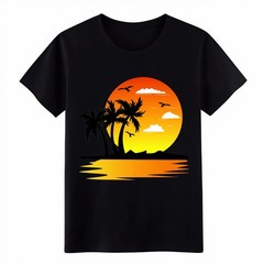 Tropical Sunset Palm Tree Graphic T-Shirt, Retro Beach Summer Casual Tee